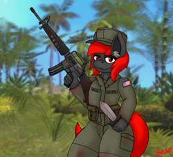 Size: 2961x2700 | Tagged: safe, artist:ryanthecone, derpibooru import, oc, oc:ryanthecone, anthro, earth pony, assault rifle, blood, blood stains, curvy, gun, image, knife, m16, no trigger discipline, png, rifle, soldier, thick, us army, vietnam war, weapon, worn out