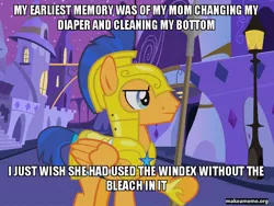 Size: 800x600 | Tagged: semi-grimdark, derpibooru import, flash sentry, pony, baby, baby pony, caption, dark comedy, exploitable meme, idiot sentry, image, image macro, jpeg, meme, memories, text, windex