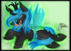 Size: 900x650 | Tagged: source needed, safe, artist:junko, derpibooru import, queen chrysalis, changeling, changeling queen, pony, accessories, chest fluff, cute, cutealis, eye clipping through hair, fangs, female, floppy ears, green background, image, long tongue, lying down, mare, png, signature, simple background, smiling, smirk, solo, tail between legs, tongue out