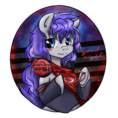 Size: 500x500 | Tagged: safe, artist:kaila rips, derpibooru import, oc, oc:cinnabyte, unofficial characters only, earth pony, pony, adorkable, bandana, blue eyes, blushing, cinnabetes, clothes, complex background, cute, dork, earth pony oc, female, gaming headphones, glasses, headphones, image, jpeg, looking right, mare, smiling, solo, watermark