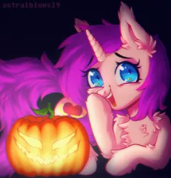 Size: 1500x1563 | Tagged: safe, artist:astralblues, derpibooru import, oc, unofficial characters only, pony, unicorn, blue eyes, chest fluff, covering, cute, ear fluff, eyebrows, eyebrows down, female, fluffy, hair, halloween, holiday, hoof hold, horn, image, jpeg, laughing, leg fluff, lying down, mane, mare, pumpkin, purple, solo, tail, tail fluff, teeth, unicorn oc