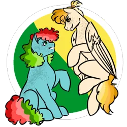 Size: 400x400 | Tagged: safe, artist:equestrias-little-ones, artist:owlipoppen, derpibooru import, oc, unofficial characters only, earth pony, pegasus, pony, blank flank, female, freckles, image, looking at each other, magical lesbian spawn, offspring, parent:applejack, parent:rainbow dash, parents:appledash, png, siblings, simple background, sisters, transparent background, twins