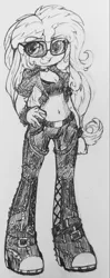 Size: 1409x3550 | Tagged: safe, artist:shadowhawx95, derpibooru import, sunset shimmer, equestria girls, belly button, breasts, cleavage, female, high res, image, jpeg, monochrome, rocker, solo, traditional art
