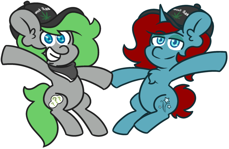 Size: 2223x1447 | Tagged: safe, artist:threetwotwo32232, derpibooru import, oc, oc:starry gaze, oc:trivial pursuit, unofficial characters only, earth pony, unicorn, cute, drugs, duo, grin, hat, holding hooves, image, marijuana, png, simple background, smiling, smug, transparent background, weed ass