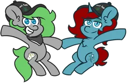 Size: 2223x1447 | Tagged: safe, artist:threetwotwo32232, derpibooru import, oc, oc:starry gaze, oc:trivial pursuit, unofficial characters only, earth pony, unicorn, cute, drugs, duo, grin, hat, holding hooves, image, marijuana, png, simple background, smiling, smug, transparent background, weed ass