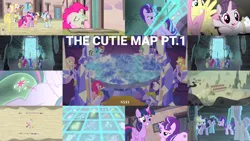 Size: 1990x1119 | Tagged: safe, derpibooru import, edit, edited screencap, editor:quoterific, screencap, amethyst skim, applejack, bacon braids, blueberry frosting, double diamond, fluttershy, ivy vine, offbeat, party favor, pinkie pie, rainbow dash, rarity, starlight glimmer, sugar belle, twilight sparkle, alicorn, the cutie map, cutie map, cutie mark vault, equal cutie mark, flower flight, image, mane six, moon dust, our town, png, rosemary, staff, staff of sameness, twilight's castle, twilight sparkle (alicorn)