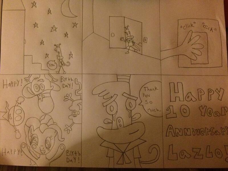 Size: 1024x768 | Tagged: safe, artist:captainlazloparadox, derpibooru import, pinkie pie, anniversary, birthday, camp lazlo, chalkzone, crossover, crying, image, jpeg, lazlo, snap (chalkzone), tears of joy, traditional art, wander over yonder, wander (wander over yonder), wow wow wubbzy, wubbzy