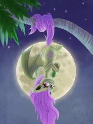 Size: 1536x2048 | Tagged: safe, artist:catscratchpaper, derpibooru import, fluttershy, bat, bat pony, fruit bat, pony, bat ponified, fangs, female, flutterbat, food, fruit bat pony, full moon, holding, hoof hold, image, looking at you, mare, moon, night, outdoors, palm tree, pineapple, png, prehensile tail, race swap, red eyes, smiling, solo, spread wings, stars, three quarter view, tree, upside down, wings