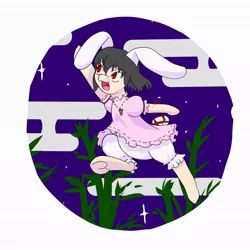 Size: 1024x1024 | Tagged: safe, artist:krev, derpibooru import, ponified, earth pony, pony, bunny ears, clothes, dress, female, image, inaba tewi, jpeg, jumping, mare, solo, touhou