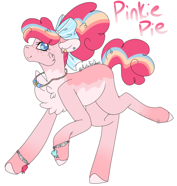 Size: 2448x2576 | Tagged: safe, artist:articfoxdraws, derpibooru import, pinkie pie, earth pony, pony, alternate design, bow, bracelet, chest fluff, ear piercing, earring, female, freckles, hair bow, image, jewelry, mare, markings, missing cutie mark, necklace, piercing, png, raised hoof, raised leg, redesign, simple background, solo, transparent background, unshorn fetlocks, wristband