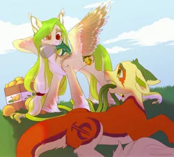 Size: 4096x3701 | Tagged: safe, artist:helemaranth, derpibooru import, oc, oc:lemony light, oc:non toxic, unofficial characters only, monster pony, original species, pegasus, pony, tatzlpony, food, image, jpeg, lemon, spray bottle