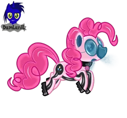 Size: 4154x3840 | Tagged: safe, artist:damlanil, derpibooru import, pinkie pie, earth pony, pony, boots, clothes, collar, commission, cutie mark accessory, cutie mark collar, female, gas mask, hazmat pony drone, heart, heart eyes, image, latex, looking at you, mare, mask, png, raised hoof, rubber, rubber drone, shiny, shiny mane, shoes, show accurate, simple background, solo, transformation, transparent background, vector, wingding eyes