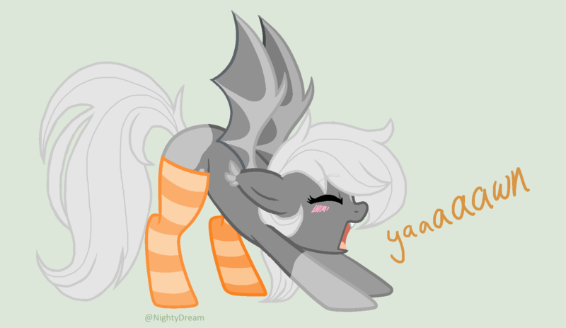 Size: 1900x1100 | Tagged: safe, artist:nightydream, derpibooru import, oc, oc:moonbite, bat pony, pony, base used, clothes, female, image, mare, png, simple background, socks, solo, striped socks, yawn