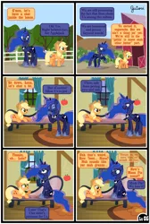 Size: 3255x4838 | Tagged: safe, artist:gutovi, derpibooru import, applejack, princess luna, alicorn, earth pony, pony, comic:why me!?, alternate ending, comic, female, floppy ears, hat, image, lesbian, lunajack, png, shipping, show accurate, sweet apple acres, tree