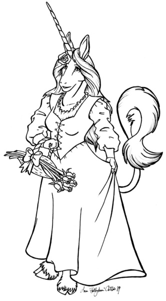 Size: 518x936 | Tagged: safe, artist:hollyann, derpibooru import, oc, unofficial characters only, anthro, unicorn, bouquet, clothes, dress, flower, flower in hair, horn, image, jpeg, leonine tail, lineart, monochrome, simple background, solo, unicorn oc, unshorn fetlocks, white background