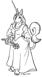 Size: 518x936 | Tagged: safe, artist:hollyann, derpibooru import, oc, unofficial characters only, anthro, unicorn, bouquet, clothes, dress, flower, flower in hair, horn, image, jpeg, leonine tail, lineart, monochrome, simple background, solo, unicorn oc, unshorn fetlocks, white background