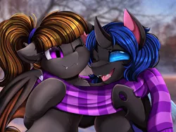 Size: 2379x1783 | Tagged: safe, artist:pridark, derpibooru import, oc, oc:mythic dawn, oc:swift dawn, unofficial characters only, bat pony, changeling, pony, bat pony oc, bat wings, blue changeling, blue eyes, blurred background, brother and sister, bust, changeling oc, clothes, commission, cute, cute little fangs, duo, eyebrows visible through hair, fangs, female, image, looking at each other, male, open mouth, png, portrait, purple eyes, scarf, shared clothing, shared scarf, sibling bonding, siblings, smiling, wings