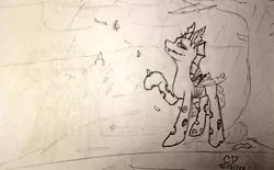 Size: 1024x636 | Tagged: safe, artist:chet_volaner, derpibooru import, oc, oc:chet volaner, unofficial characters only, changeling, crying, fanfic art, image, jpeg, leaves, monochrome, photo, ponyville, rain, solo, tears of joy, traditional art, tree