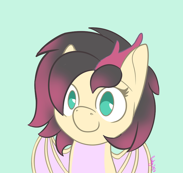 Size: 720x682 | Tagged: safe, artist:inkynotebook, derpibooru import, part of a set, oc, oc:middy, unofficial characters only, bat pony, pony, bat pony oc, bat wings, blushing, bust, commission, image, png, signature, simple background, smiling, solo, wings, ych result