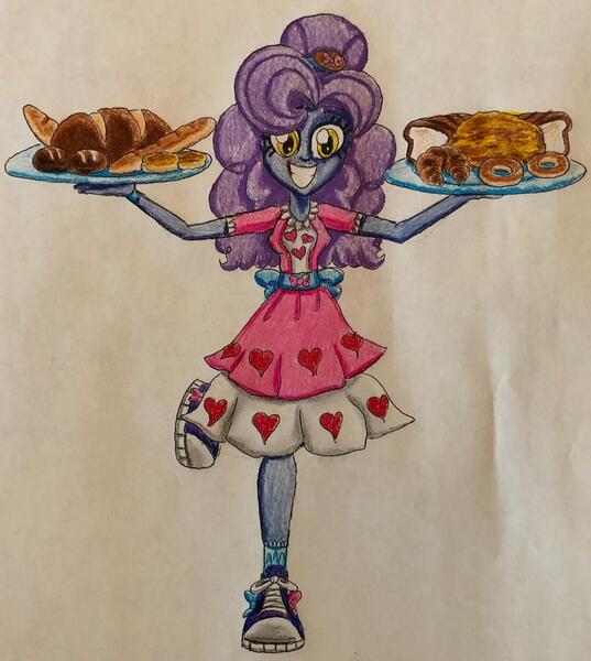 Size: 1024x1145 | Tagged: safe, artist:bozzerkazooers, derpibooru import, pinkie pie, oc, oc:hot buns, equestria girls, bagel, bread, clothes, converse, food, image, jpeg, rolls, shoes, smiling at you, traditional art