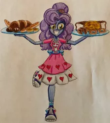 Size: 1024x1145 | Tagged: safe, artist:bozzerkazooers, derpibooru import, pinkie pie, oc, oc:hot buns, equestria girls, bagel, bread, clothes, converse, food, image, jpeg, rolls, shoes, smiling at you, traditional art