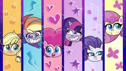 Size: 1280x720 | Tagged: safe, derpibooru import, screencap, applejack, fluttershy, pinkie pie, rainbow dash, rarity, twilight sparkle, alicorn, earth pony, pegasus, pony, unicorn, my little pony: pony life, blushing, cute, dashabetes, diapinkes, grin, image, jackabetes, kissy face, looking at you, looking up, lyrics in the description, mane six, multicolored hair, open mouth, pink hair, png, purple hair, rainbow hair, raribetes, red hair, shyabetes, smiling, theme song, twiabetes, yellow hair