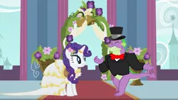 Size: 1163x654 | Tagged: safe, artist:lachlancarr1996, derpibooru import, rarity, spike, clothes, dress, female, flower, flower in hair, horn, horn ring, image, jewelry, male, marriage, older, older spike, png, ring, shipping, sparity, straight, tuxedo, wedding, wedding dress
