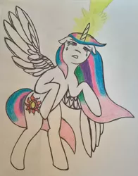 Size: 1260x1608 | Tagged: safe, artist:dsidsu, derpibooru import, princess celestia, alicorn, pony, crying, female, glowing horn, horn, image, jpeg, mare, rearing, solo, traditional art