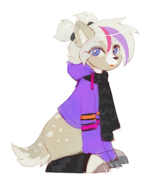 Size: 891x1026 | Tagged: safe, artist:orchidpony, derpibooru import, oc, unofficial characters only, deer, clothes, deer oc, eye clipping through hair, image, jpeg, leg warmers, looking at you, scarf, simple background, sitting, smiling, solo, white background