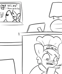 Size: 3000x3591 | Tagged: safe, artist:tjpones, derpibooru import, oc, oc:tjpones, unofficial characters only, earth pony, pony, black and white, chef, chef's hat, desk, duo, grayscale, hat, image, male, mobile phone, monochrome, phone, png, smartphone, stallion