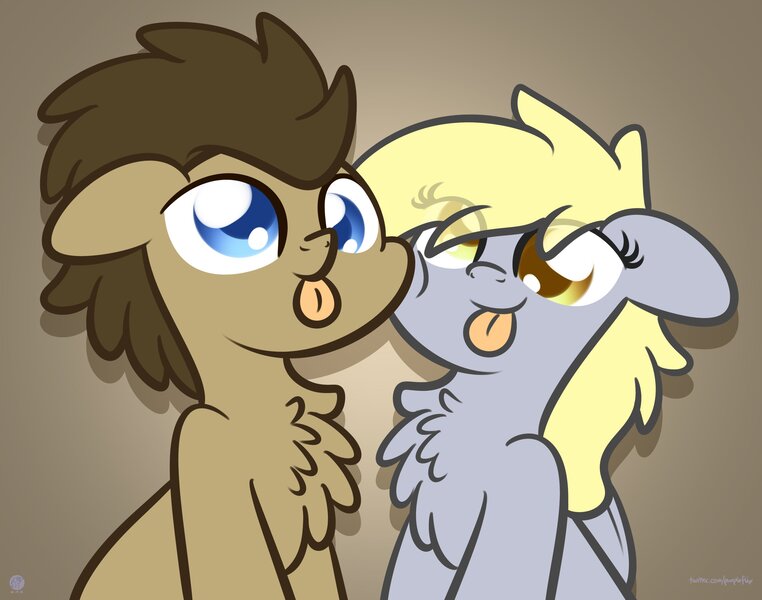 Size: 3250x2560 | Tagged: safe, artist:kimjoman, derpibooru import, derpy hooves, doctor whooves, time turner, earth pony, pegasus, pony, :p, brown background, chest fluff, cute, derpabetes, doctorbetes, doctorderpy, female, image, jpeg, male, mare, shipping, silly, silly pony, simple background, sitting, stallion, straight, tongue out