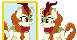 Size: 1280x670 | Tagged: safe, artist:disneymarvel96, artist:hendro107, derpibooru import, autumn blaze, kirin, accessories, bowtie, female, formal wear, image, jpeg, mirror, smiling, solo, sparkling