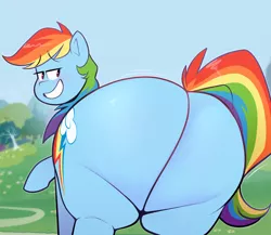 Size: 1650x1434 | Tagged: suggestive, artist:secretgoombaman12345, derpibooru import, edit, rainbow dash, pegasus, pony, bedroom eyes, butt, fat, female, flirting, grin, huge butt, image, jiggling, large butt, looking at you, looking back, looking back at you, plump, png, rainblob dash, rainbutt dash, sexy, smiling, smiling at you, solo, solo female, stupid sexy rainbow dash, teasing, textless version, tubby wubby pony waifu
