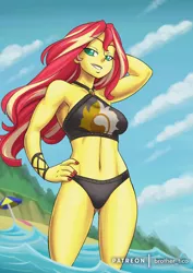 Size: 724x1024 | Tagged: safe, alternate version, artist:brother-tico, derpibooru import, edit, editor:thomasfan45, sunset shimmer, human, equestria girls, equestria girls series, forgotten friendship, arm behind head, beach, beach shorts swimsuit, beautiful, bedroom eyes, belly button, bikini, breasts, busty sunset shimmer, clothes, cute, cutie mark, cutie mark on clothes, female, hand on hip, image, jpeg, legs, lidded eyes, looking at you, midriff, nail polish, ocean, pose, sand, sexy, shimmerbetes, smiling, solo, sunset shimmer's beach shorts swimsuit, swimsuit, umbrella