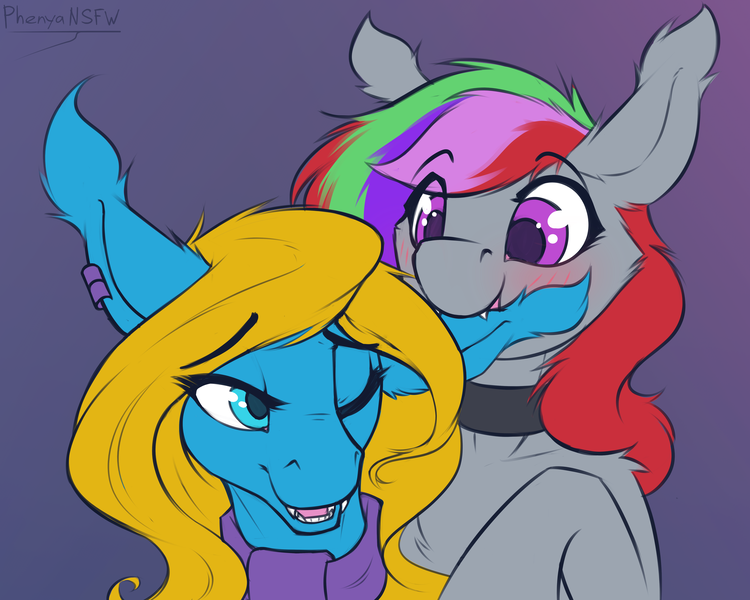 Size: 5000x4000 | Tagged: safe, artist:phenya, derpibooru import, oc, oc:solar soul, oc:solaris spark, unofficial characters only, pony, biting, blushing, clothes, commission, ear bite, eye clipping through hair, eyebrows visible through hair, image, looking at each other, oc x oc, one eye closed, open mouth, png, scarf, shipping, smiling