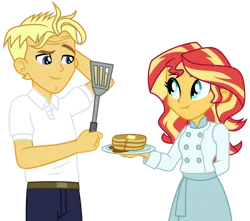 Size: 1024x907 | Tagged: safe, artist:emeraldblast63, derpibooru import, gourmand ramsay, sunset shimmer, equestria girls, butter, chef, equestria girls-ified, food, gordon ramsay, humanized ponified human, image, kitchen nightmares, pancakes, png, simple background, spatula, syrup, transparent background