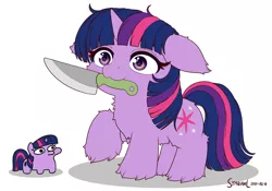 Size: 1280x896 | Tagged: safe, artist:jargon scott, artist:symbianl, derpibooru import, twilight sparkle, pony, unicorn, alternate style, cute, female, floppy ears, fluffy, image, jpeg, knife, mare, mouth hold, simple background, size comparison, solo, squatpony, this will end in tears, twiggie, unicorn twilight, weapons-grade cute