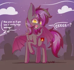 Size: 2048x1920 | Tagged: safe, alternate version, artist:dsp2003, derpibooru import, oc, oc:star hound, unofficial characters only, bat pony, pony, bat pony oc, bat wings, cloud, comic, commission, cute, cute little fangs, eeee, fangs, female, image, looking at you, mare, offscreen character, open mouth, png, signature, single panel, speech bubble, stars, wings