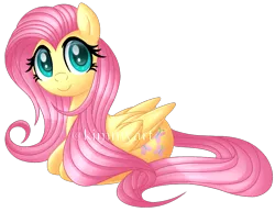 Size: 920x710 | Tagged: safe, artist:andypriceart, artist:kimmyartmlp, derpibooru import, fluttershy, pegasus, pony, cute, female, folded wings, image, looking at you, lying down, mare, png, ponyloaf, prone, shyabetes, signature, simple background, smiling, solo, transparent background, wings