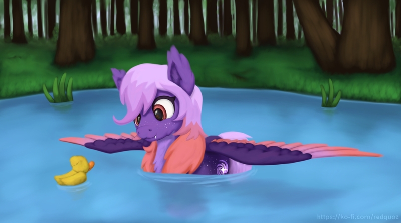 Size: 1500x833 | Tagged: safe, artist:redquoz, derpibooru import, oc, oc:ardent dusk, unofficial characters only, bird, duck, pegasus, pony, colored wings, commission, cutie mark, ear fluff, fangs, female, floating, forest, forest background, freckles, gradient mane, gradient wings, image, jpeg, ko-fi, magenta mane, mare, nature, op, painting, paintstorm studio, pegasus oc, pond, purple coat, reflection, ripples, solo, spread wings, tree, wings