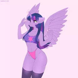 Size: 1200x1200 | Tagged: suggestive, artist:margony, derpibooru import, manebooru import, twilight sparkle, twilight sparkle (alicorn), alicorn, anthro, g4, bra, breasts, clothes, crop top bra, female, image, mismatched underwear, panties, pink underwear, png, purple underwear, simple background, socks, solo, solo female, sports bra, stockings, thigh highs, underwear