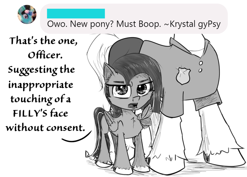 Size: 1100x788 | Tagged: safe, artist:chopsticks, derpibooru import, oc, oc:cookie cutter, unofficial characters only, pony, ask, ask cookie cutter, cheek fluff, chest fluff, dialogue, ear fluff, female, filly, image, looking at you, monochrome, non-consensual booping, png, pointing, police officer, sketch, text, unshorn fetlocks, wing hands, wings