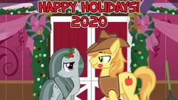 Size: 2064x1161 | Tagged: safe, anonymous artist, derpibooru import, braeburn, marble pie, earth pony, barn, braeble, brokeback mountain, christmas, female, flower, flower in hair, hearth's warming, holiday, holly, image, indoors, kissing, kiss mark, kiss on the cheek, lipstick, looking at each other, lyrics in the description, male, movie reference, new year, png, shipping, smiling, song reference, straight, this will end in love, youtube link, youtube link in the description