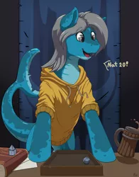 Size: 2008x2555 | Tagged: safe, artist:ailoy4, banned from derpibooru, deleted from derpibooru, derpibooru import, oc, oc:seafoam, unofficial characters only, original species, pony, shark, shark pony, banner, book, clothes, dungeons and dragons, female, happy, hoodie, image, mare, pen and paper rpg, png, reverse trap, rpg, solo