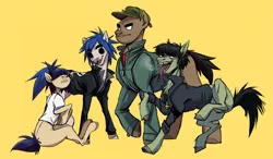 Size: 3487x2033 | Tagged: safe, artist:1an1, derpibooru import, ponified, earth pony, pony, 2-d, cap, cigarette, clothes, female, gorillaz, group, hat, image, jacket, lip bite, long tongue, looking at you, male, mare, murdoc, murdoc niccals, noodle, open mouth, png, raised hoof, raised leg, russel, russel hobbs, sharp teeth, shirt, simple background, sitting, stallion, standing, t-shirt, teeth, tongue out, yellow background
