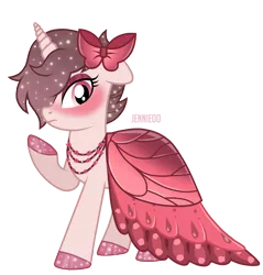 Size: 1148x1200 | Tagged: safe, artist:jennieoo, derpibooru import, oc, oc:brier blush, butterfly, insect, pony, unicorn, bow, clothes, dress, female, gala, gala dress, hoof polish, horn, image, mare, pink, png, raised hoof, royal gala, show accurate, shy, simple background, solo, sparkles, transparent background, unicorn oc