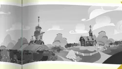 Size: 1280x720 | Tagged: safe, derpibooru import, screencap, the perfect pear, background, black and white, grayscale, image, monochrome, no pony, photo, png, scenic ponyville, sweet apple acres