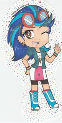 Size: 1452x2884 | Tagged: safe, artist:icy-daydreams, derpibooru import, indigo zap, human, equestria girls, :d, boots, bracelet, clothes, clothes swap, compression shorts, confident, cutie mark, cutie mark on clothes, ear piercing, earring, female, goggles, goggles on head, hand on hip, human coloration, image, jewelry, jpeg, knee-high boots, looking at you, multicolored hair, one eye closed, open mouth, peace sign, piercing, shoes, shorts, shorts under skirt, signature, skirt, smiling, smiling at you, solo, tomboy, traditional art, wink, winking at you, wristband