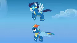 Size: 1920x1080 | Tagged: safe, artist:agrol, derpibooru import, rainbow dash, soarin', clothes, flying, goggles, image, jpeg, uniform, wonderbolts, wonderbolts uniform