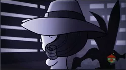 Size: 2572x1444 | Tagged: safe, derpibooru import, screencap, rarity, pony, my little pony: pony life, whoof-dunnit, spoiler:pony life s01e22, detective rarity, fedora, female, hat, image, noir, plant, png, rarity's house, rear view, shutter shades, solo, treehouse logo, visor